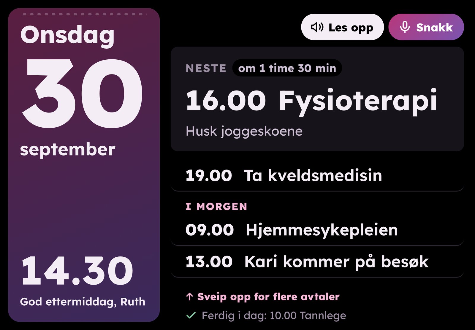 Veggskjermen i Veggkalender med dagens dato, klokka og de neste avtalene i stor skrift